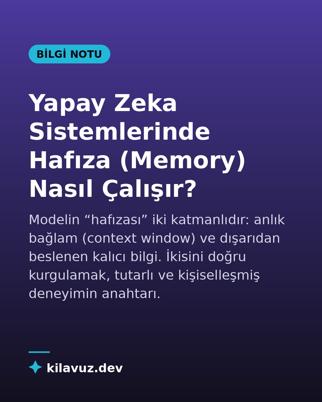 Yapay Zeka Sistemlerinde Hafıza (Memory) Nasıl Çalışır?

Modelin “hafızası” iki katmanlıdır: anlık bağlam (context window) ve dışarıdan besl